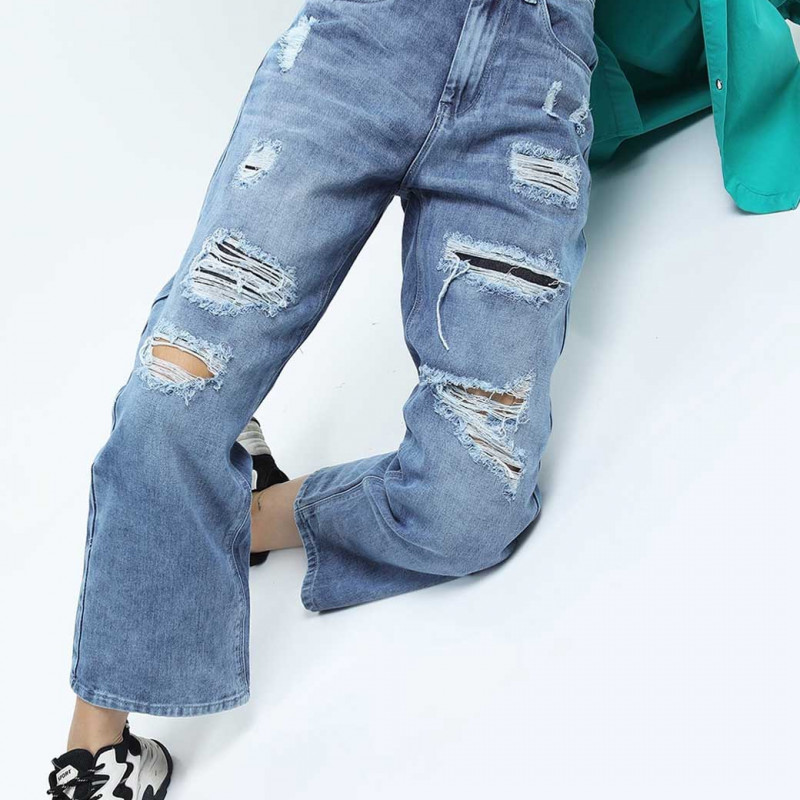 Women Blue Wide Leg Highly Distressed Heavy Fade Jeans