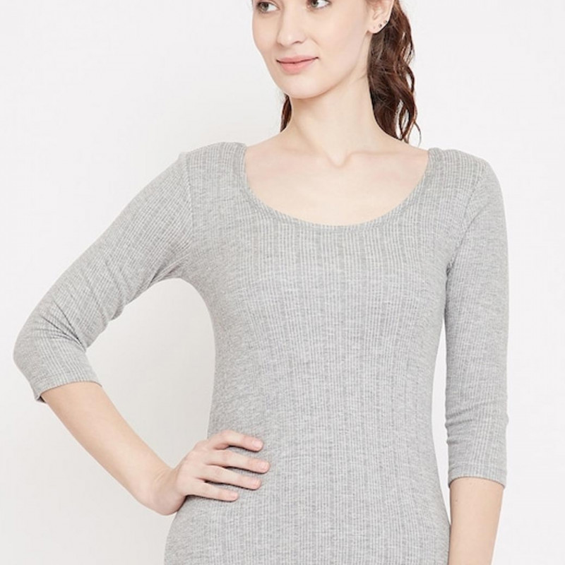 Women Grey Melange Striped Slim-Fit Thermal Top