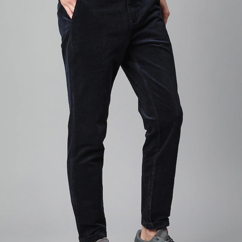 Men Navy Blue Mid Rise Corduroy Trousers