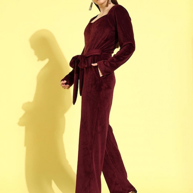 Women Burgundy Velvet Basic Jumpsuit