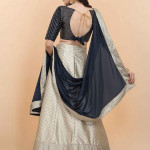 Cream-Coloured & Navy Blue Embellished Sequinned Semi-Stitched Lehenga & Unstitched Blouse With