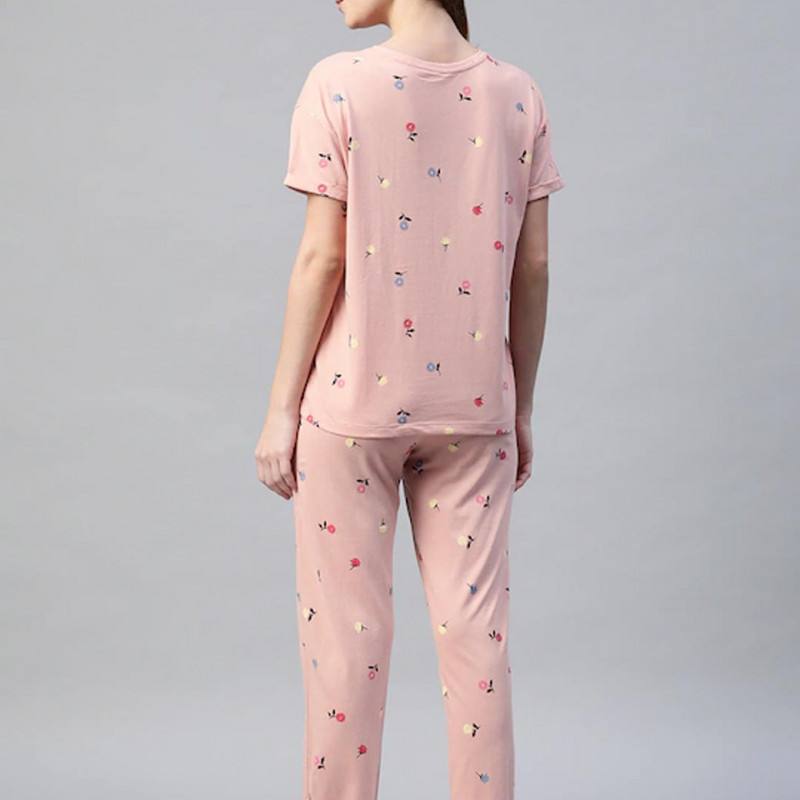 Women Pink & Navy Blue Printed Night suit